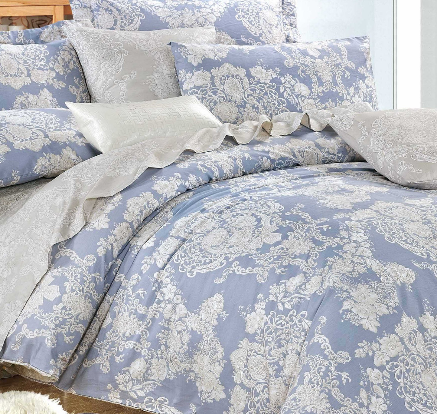 LAUREN BLUE DAMASK 100% COTTON COMFORTER SET Queen